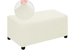 MULARE Stretch-Ottomanenbezug, Ottomanen-Schonbezüge, staubdichter Hockerbezug, elastischer, Abnehmbarer Hockerbezug, Dicker Karierter Jacquard-Stoff mit elastischer Unterseite, waschbar,Beige,S