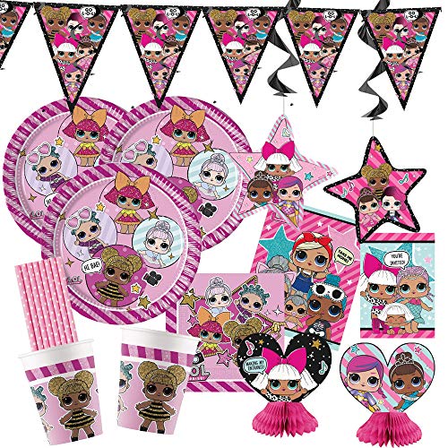 spielum 67-teiliges Party-Set L.O.L. Surprise - Teller Pappbecher Servietten Einladungen Geschenktüten Deko-Set Trinkhalme für 8 Kinder