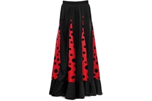 PARTILANDIA Falda Flamenca Mujer Negra con Quillas Rojas Lunares Negros [Tallas Adulto S a XXL]【Talla M】 Ensayo Baile Danza Disfraz
