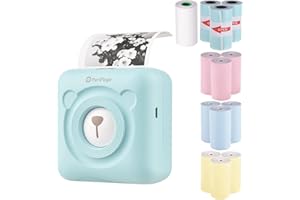 Bisofice Stampante fotografica A6, mini stampante termica tascabile, stampante portatile wireless BT per etichette per foto, memo per ricevute, con 12 rotoli di carta termica 57 x 30 mm, verde menta