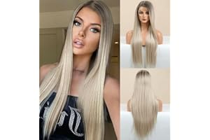 VEBONNY perücke lace front perücke blond, Brown ombre perücke lang, synthetische Perücke blond gerade, Platinum Blonde Straight Hair Wig Side Part, 24 Zoll VEBONNY-087