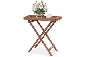 KOMFOTTEU - Mesa auxiliar con bandeja extraíble, mesa baja plegable, bandeja de servicio con soporte, estructura en forma de X, mesa lateral, interior y exterior (madera de acacia, 68 x 44 x 74 cm)