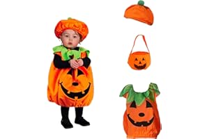 ASSUGO halloween kostüm kürbis kinder, kinder kürbis kostüm mit halloween süssigkeiten beutel, kürbis kostüm kinder mit hut, halloween kostüm kinder mädchen jungen für Fasching Party 3-10 Jahre