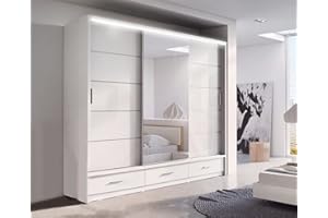 Texas Modern Bedroom Sliding Wardrobe with LED Lights - Ample Storage Space and Sleek Design comes in White/Grey/Black and Width 205cm/256cm (White, 250CM)