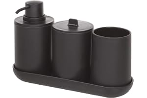 ‎IDESIGN iDesign Badezimmer Set, vierteilige Badgarnitur mit Seifenspender, Zahnbürstenhalter, Wattepadspender und Tablett aus Kunststoff, Badaccessoires für den Waschtisch, schwarz