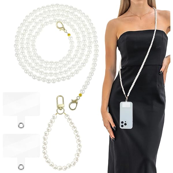 Chaîne Pour Téléphone 120 Cm - Perles Blanches Et Maillons Or, Adaptateur Universel Inclus, Mains Libres