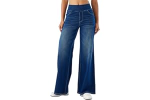 SotRong High Elastic Waisted Baggy Wide Leg Pull On Jeans with Multiple Pockets Tummy Control Straight Leg Casual Loose Stretchy Curve Plazzo Denim Pants