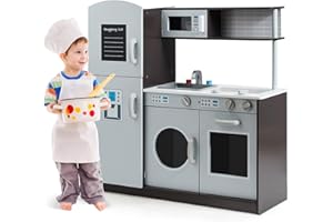 FANTASK Cucina per bambini in legno, cucina giochi con lavello e rubinetto, fornello con click, forno e microonde, cucina giocattolo con lavagna per bambini dai 3 anni in su