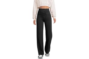 Glacspyg Weite Hose Damen Hohe Taille Sporthose Knopf Gerade Hosen mit Taschen Elastische Freizeithose