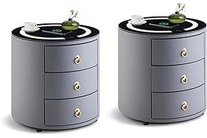 LEMROE Grey Round Bedside Table with Wireless Charging Station and adjustable LED Light, Glass Desktop Wireless Charging Station, Smart Bedside Table with 3 Drawers Bedroom Cabinet (2, Grey)