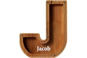 YSINOBEAR Personalized Letter Piggy Bank ,Wooden Jar Coin Saving Money Box ,Alphabet Piggy Bank for Children ,Letter Coin Bank Wooden Money Box Frame Wood ,Letter Piggy Bank For Boys (J)