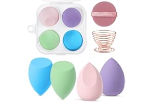 AUAUY Zestaw gąbek do makijażu, 4 profesjonalne blendery do podkładu kosmetycznego z 1 uchwytem na gąbkę, 1 pudernicą, wielokolorowe, do kremu, płynu i pudru, 6 szt.