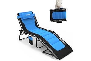 WKFAMOUT Übergroß Sonnenliege Klappbar Gartenliege 5 Verstellbarer Rückenlehne Outdoor Faltbar XXL Dreibeinliege Strandliege Campingbett bis 200KG mit Kissen Seitentasche 200x68CM Blau