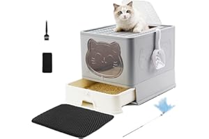 HELLOMIAO lettiera per gatti con coperchio completamente chiusa lettiera per gatti deodorante a cassetto grande lettiera per gatti pieghevole con paletta per lettiera (Grigio+tappetino da pavimento)