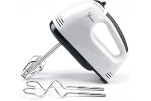 T&F Mixer Batteur électrique avec 2 crochets pétrisseurs et 2 fouets, 150 W, 7 vitesses, blanc, pour gâteaux et pain, pâtisserie, œufs, fouet, crème