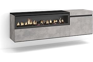 Skraut Home | Mueble TV | Televisión | Muebles de salón, almacenaje | 150x45x35cm | para TV hasta 65" | Chimenea eléctrica | Colgado, Suspendido | Estilo Moderno | Cemento