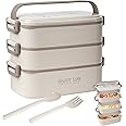 Yirochan 2700ml 3 Layer Bento Box with Fork & Spoon, 4-in-1 Lunch Box for Adults, Meal Prep Container Food Storage Box for Men Women Student School Office, Microwave Dishwasher Safe Available (Khaki)