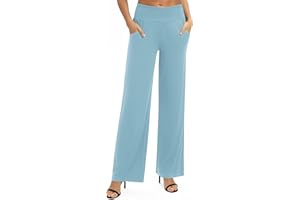 EXCHIC Mujeres Sólido Suelto Pierna Recta Palazzo Pantalones Cintura Alta Elástico Casual Pantalones con Bolsillos