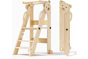 Helangel Tour de Aprendizaje Plegable,Torre Montessori Mejorado de 1 a 3 años Old Observation Tower for Children Montessori Learning Natural Wood Kitchen Helper Safety Easy to Montaje(Color Madera)