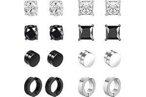 VELESAY 8 Paar Edelstahl Magnet Ohrringe für Herren Damen Mädchen Creolen CZ Magnet Nicht Durchdringende Clip Magnet Ohrstecker Clips Nickelfrei Tunnel Ohrclips Non Piercing Ohrringe Set Schwarz