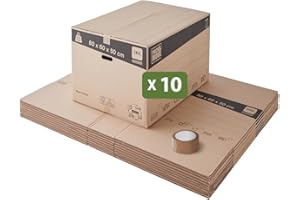 Pack and Move - Lot 10 cartons déménagement stockage XXL - 80 x 60 x 50 cm - Poignées renforcées - 1 adhésif