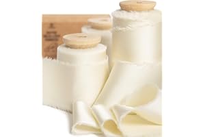 Vitalizart Cinta de Raso de Seda Blanco Crema 3,8 cm x 13,7 m, Cintas de Tela Deshilachada con Flecos Hechas a Mano para Envolver Regalos, Decoraciones Festivas, Ramos de Novia