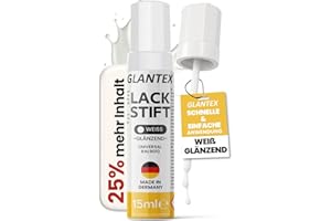 ‎GLANTEX GLANTEX Lackstift Weiß glänzend [15ml] - Autolack mit hoher Deckkraft gegen Kratzer und Steinschläge, für Auto, Felgen, Möbel, Heizkörper - RAL 9010 (Weiß Glanz)