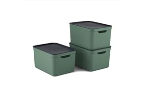 Rotho Jive Dekobox Set of 3 storage box 16l with lid, Kunststoff (PP recycelt), green/anthracite, 3x16l (36.5 x 20 x 27 cm)