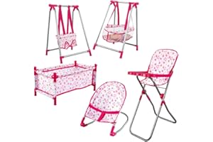 deAO Ensemble Bébé 5en1 Comprend Lit, Chaise Haute, Balançoire et Chaise Berçante Jouet d'Imitation (Poupée Non Incluse)