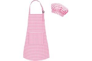 TOPWAYS Grid Kids Apron and Chef Hat Set, Adjustable Check Child Chef Aprons with 2 Pockets, Lattice Print Children's Apron for Kids Toddler Painting Baking Cooking Artist