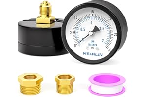 MEANLIN MEASURE 0~2BAR/0~30PSI Manomètre pour pompe de puits 2"DIAL FACE 1/4" BSP, avec 1/4"x 1/2" BSP et 1/4"x 3/8" BSP Hex Bushing, Pool Sand Filter Water Oil Air Pressure Test Center Back Mount