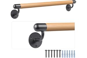 Dolibest 100cm Main Courante en Bois, Rampe d'escalier Bois en Hêtre Ronde 3.8cm Poignée de Sécurité Barre d'escalier avec Support Intérieur Murale Balustrade pour Enfant/Handicapée/Personnes âgées