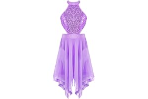 Freebily Abito da Pattinaggio Artistico Bambina Paillettes Chiffon Leotards Vestito Danza Classica Abito da Ballo Latino Costumi di Danza Samba Rumba Salsa Jazz Moderna