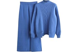 XTBFOOJ Completi da Donna In 2 Pezzi Lavorati a Maglia Top A Maniche Lunghe con Spacco con Bottoni a Metà Autunno Larghi Lavorati a Maglia per Il Tempo Libero Polsino Elastico Set con Pantaloni