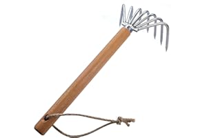 GAOGE Hand Rake, Steel Digging Tool with Wooden Handle for Garden Transplanting, Precision Digging, and Soil Leveling, Long handle / 7 Long spike, silver