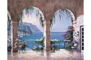 YEESAM ART Paint by Numbers for Adults Beginners Arch Pavilion Sea Landscape 16x20 inch Linen Canvas Acrylic DIY Number Painting Kits Wall Art Decor Gifts