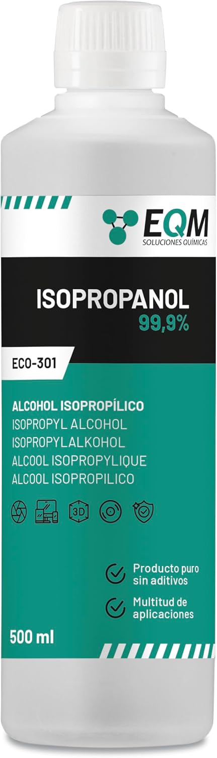 EQM - ECO-301 - Alcohol Isopropílico 99,9% - 500 ML - Isopropanol - Limpieza componentes electrónicos, objetivos y pantallas - Limpieza de resinas en impresión 3D - Limpiacristales y desengrasante