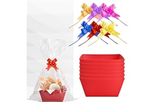 EHUIHUAN 6 Pcs Cesta Regalo, 25x20x11,5cm, Cestas para Regalos Vacias con 6 Bolsas Transparentes y 6 Lazos, Caja Regalo Kraft, Canasta de Regalo con Asas, Bandeja Carton Cumpleaños Fiesta Favor (Rojo)