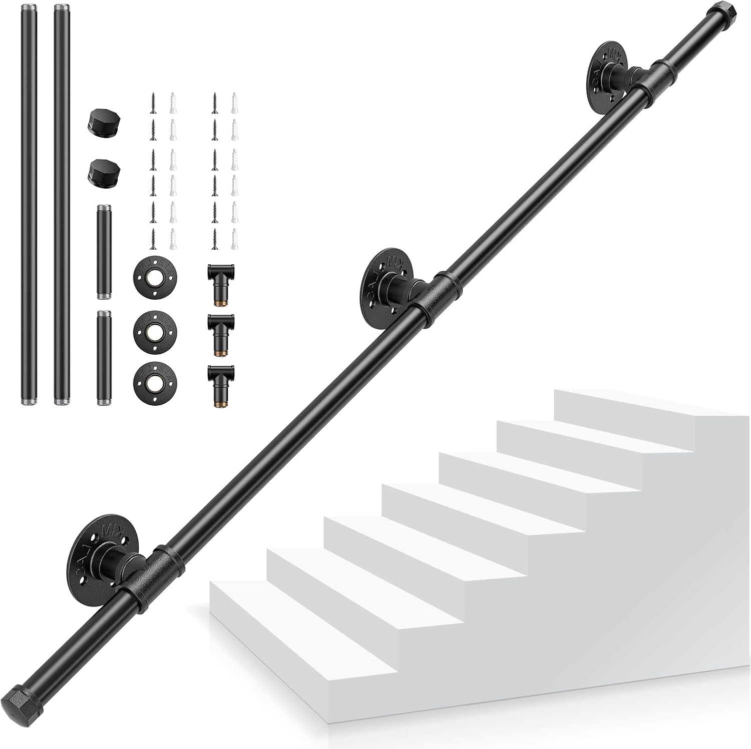 Pasamanos Escalera, 1,2M Pasamanos para Escaleras Interior Exterior, Pasamanos Negro con tubo de acero Galvanizado Industrial Antideslizante, Barandilla Escalera para Cocina Baño Jardín