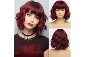 BESTUNG Peluca roja de vino ondulado Bob corto con flequillo para mujer Cabello sintético rojo con raíces oscuras Onda de agua Natural Buscando diario y fiesta (10 pulgadas) (rojo vino)