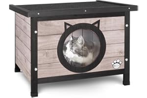 VOUNOT® Casetta per Gatti in Legno con Porta Design Orecchie di Gatto, Cuccia da Esterno Casa per Gatti con Porta e Tetto 57 x 45 x 43 cm, Grigio