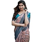 LYAMAY Women's Kanjivaram Soft Silk Banarasi Saree with Blouse Piece, Teal and Pink