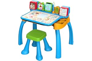 VTech - Escritorio Multiactividades 6 en 1 ¡CREA y Aprende! Centro Educativo Interactivo, Juguete Niños +3 Años, Pizarra, Música, Bloc de Notas, Tablet y Taburete, Letras, Números, Versión ESP