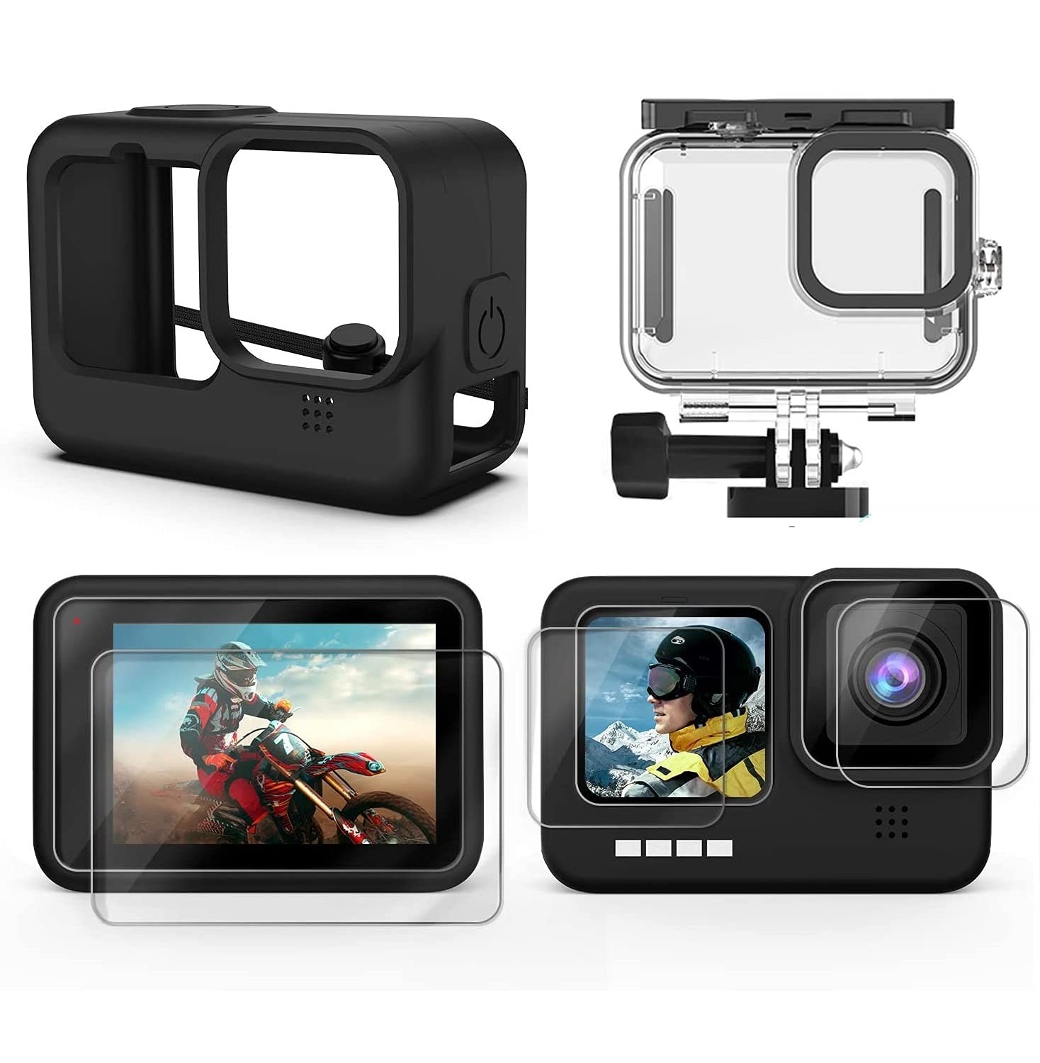 ADOFYS Accessories Kit for GoPro Hero 9/10/11& 12 Black with Waterproof Case + Ultra Clear Tempered Glass Screen Protector + Lens Protector + HD Front Display Lens Protector + Silicone Rubber Case