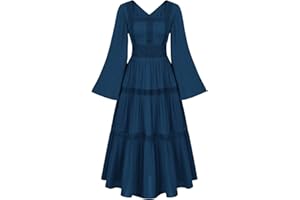 SCARLET DARKNESS Women Renaissance Dress V Back Bell Sleeves Tiered Pirate Peasant Flowy Midi Dress