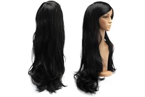 Dazone Perruque Noir Frisée Ondulée 70 CM avec Frange Filet à Cheveux pour Halloween Carnaval Soirée Déguisement Cosplay Femme Quotidienne, Perruque Synthétique Résistante à la Chaleur