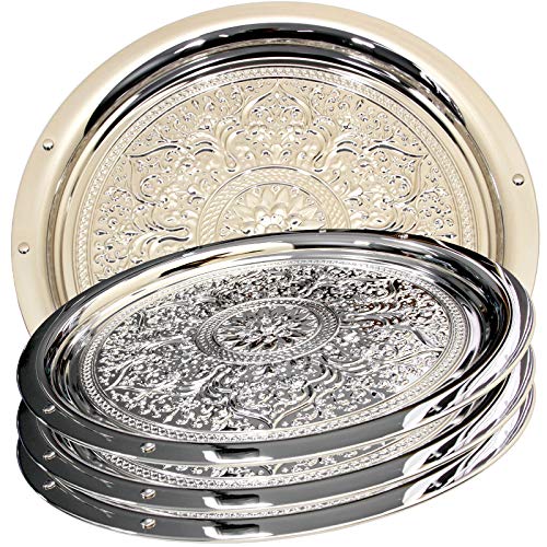 Maro Megastore Plateau de Service (Paquet de 4) 42 cm Plateau de Service Rond en Chrome plaqué Chrome 3D Assiette Plate Ts-101