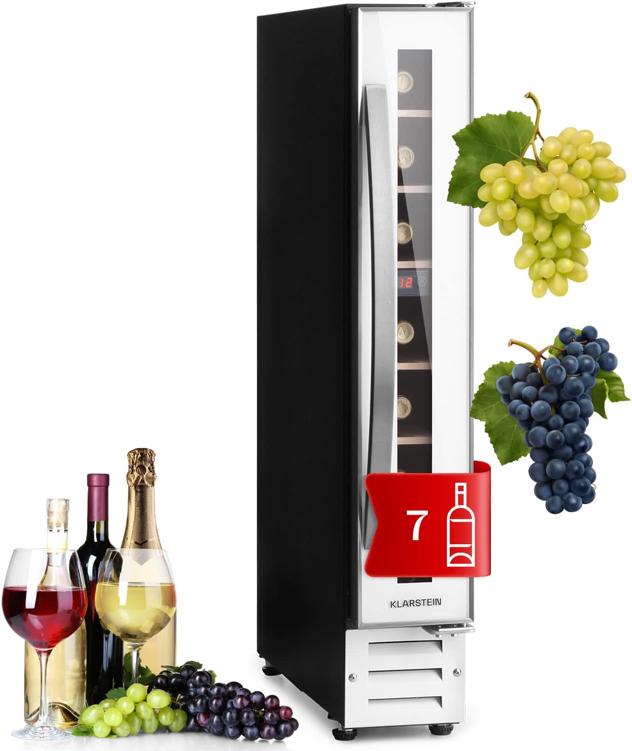 KLARSTEIN Vinoteca, Nevera para Vinos con 1 Zona de Refrigeración, Botellero Puerta Cristal para Vino, Proseco, Expositor Interior y Exterior, Panel Táctil, 20 L., Vinoteca Capacidad 7 Botellas