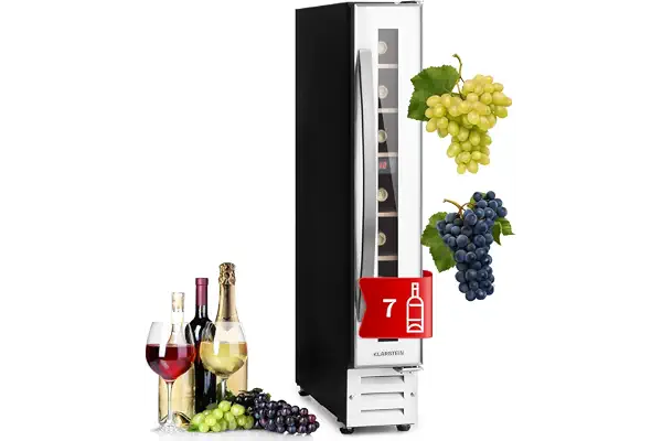 KLARSTEIN Vinoteca, Nevera para Vinos con 1 Zona de Refrigeración, Botellero Puerta Cristal para Vino, Proseco, Expositor Interior y Exterior, Panel Táctil, 20 L., Vinoteca Capacidad 7 Botellas