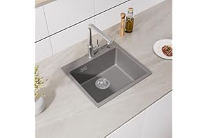 CECIPA Spülbecken Grau 50x45cm, Küchenspüle aus Granit, 1 Becken Einbauspüle, 80% Quarzsand Küchenspüle inkl Siphon & Über